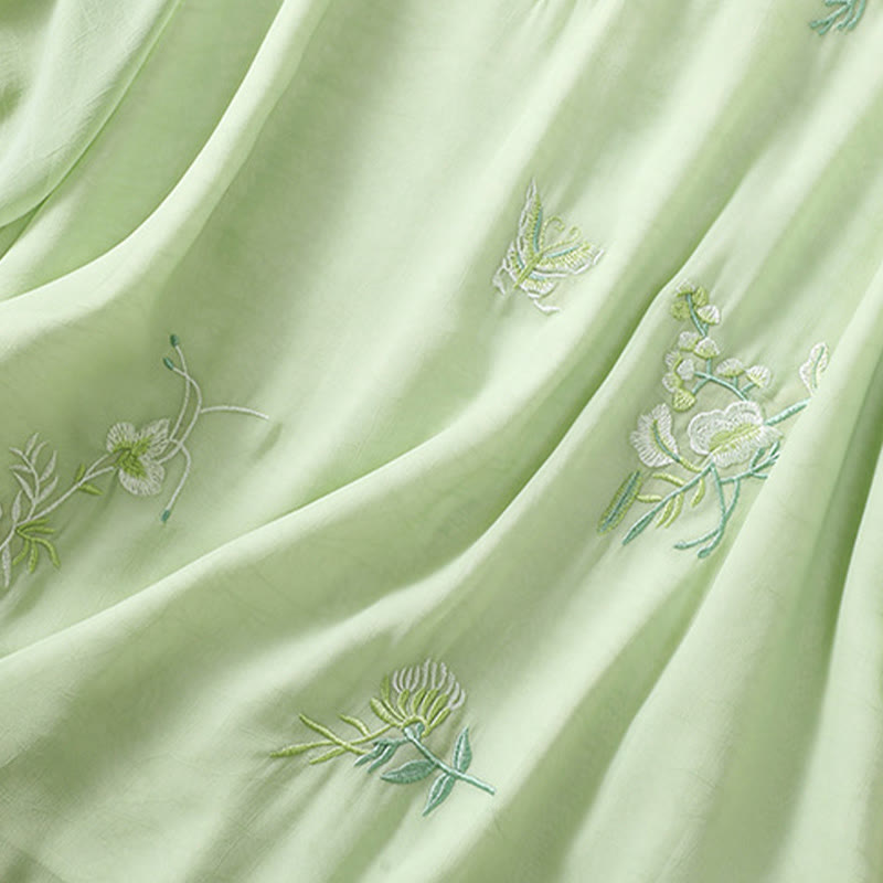 Buddha Stones ​​Stickerei Pflanzen Blume Halbarm Plain Frosch-Knopf Stehkragen Damen Shirt - image 5