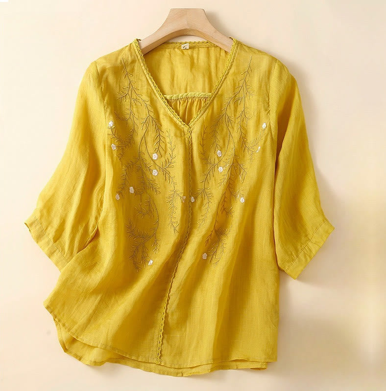 Buddha Stones Sommer Lässiges Blumenzweige Besticktes Muster V-Ausschnitt Halbarm Baumwollleinen Damen T-Shirt - Gold - US 8-10, UK/AU 12-14, EU 40-42 (2XL) - image 0