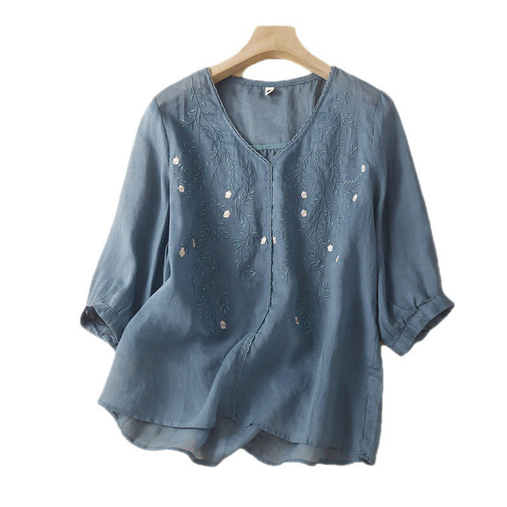 Buddha Stones Sommer Lässiges Blumenzweige Besticktes Muster V-Ausschnitt Halbarm Baumwollleinen Damen T-Shirt - image 5