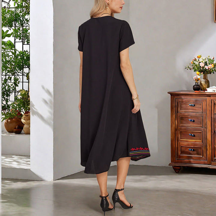 Buddha Stones Schwarzes Sommerkleid, lässig, Bohemian-Stil, Stickerei, geometrisches Muster, kurzärmelig, V-Ausschnitt, Baumwolle, Midikleid - image 6