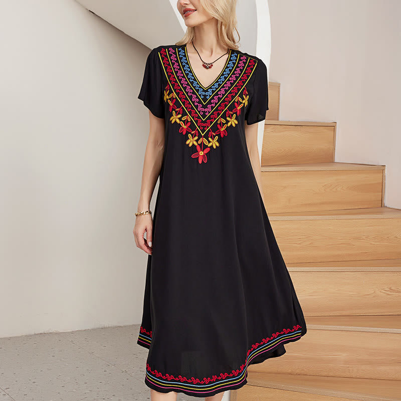Buddha Stones Schwarzes Sommerkleid, lässig, Bohemian-Stil, Stickerei, geometrisches Muster, kurzärmelig, V-Ausschnitt, Baumwolle, Midikleid - image 5