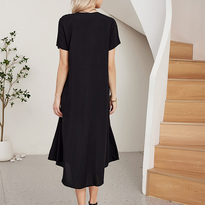 Buddha Stones Schwarzes Sommerkleid, lässig, Bohemian-Stil, Stickerei, geometrisches Muster, kurzärmelig, V-Ausschnitt, Baumwolle, Midikleid - image 2