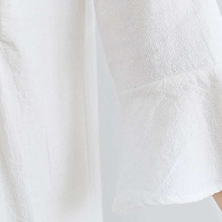 Loses, schlichtes Maxikleid aus Baumwolle und Leinen mit Buddha Stones und ethnischer Stickerei und Blumenmuster, Dreiviertelärmel - image 7