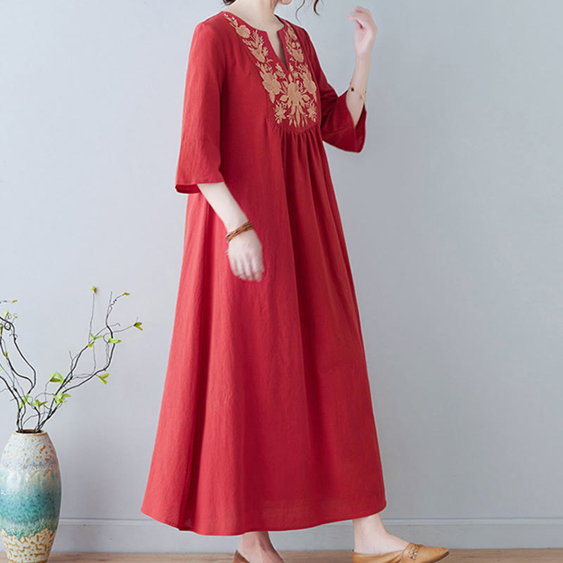 Buddha Stones Lässiges Maxikleid aus Baumwolle und Leinen mit Stickerei im Bohemia-Stil, Blumenmuster, schlichtes Design, Dreiviertelärmel, V-Ausschnitt - image 13