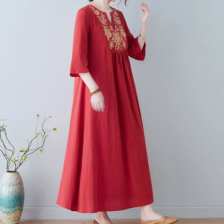 Buddha Stones Lässiges Maxikleid aus Baumwolle und Leinen mit Stickerei im Bohemia-Stil, Blumenmuster, schlichtes Design, Dreiviertelärmel, V-Ausschnitt - image 13