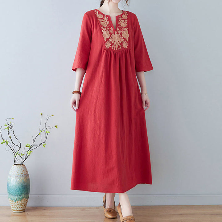 Buddha Stones Lässiges Maxikleid aus Baumwolle und Leinen mit Stickerei im Bohemia-Stil, Blumenmuster, schlichtes Design, Dreiviertelärmel, V-Ausschnitt - image 15