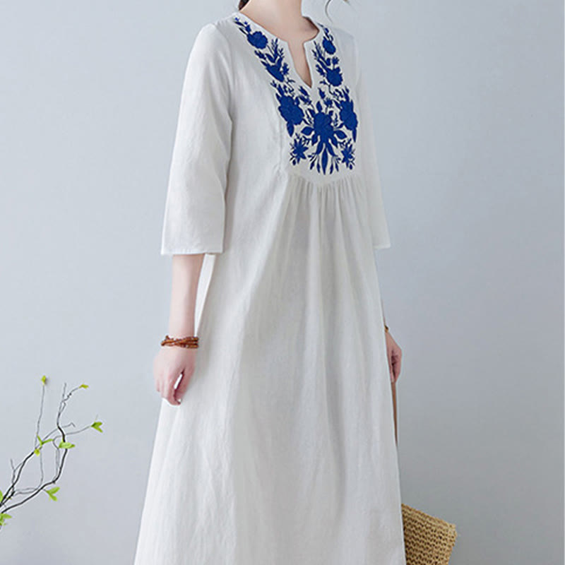Buddha Stones Lässiges Maxikleid aus Baumwolle und Leinen mit Stickerei im Bohemia-Stil, Blumenmuster, schlichtes Design, Dreiviertelärmel, V-Ausschnitt - image 7