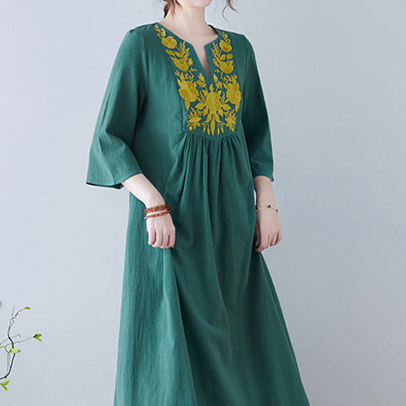 Buddha Stones Lässiges Maxikleid aus Baumwolle und Leinen mit Stickerei im Bohemia-Stil, Blumenmuster, schlichtes Design, Dreiviertelärmel, V-Ausschnitt - image 21