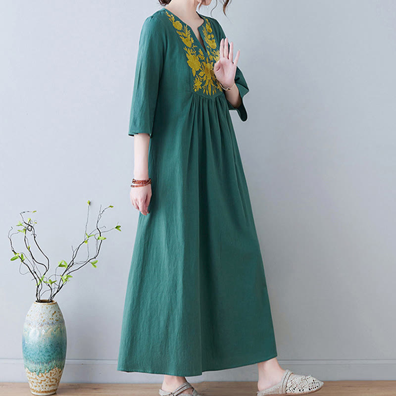 Buddha Stones Lässiges Maxikleid aus Baumwolle und Leinen mit Stickerei im Bohemia-Stil, Blumenmuster, schlichtes Design, Dreiviertelärmel, V-Ausschnitt - image 20