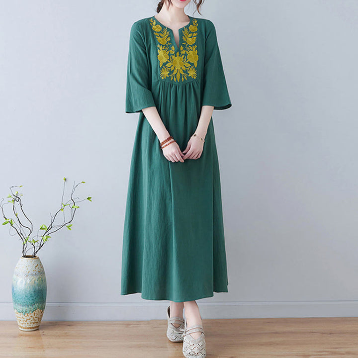 Buddha Stones Lässiges Maxikleid aus Baumwolle und Leinen mit Stickerei im Bohemia-Stil, Blumenmuster, schlichtes Design, Dreiviertelärmel, V-Ausschnitt - image 19