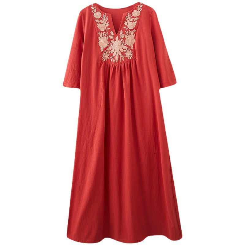 Buddha Stones Lässiges Maxikleid aus Baumwolle und Leinen mit Stickerei im Bohemia-Stil, Blumenmuster, schlichtes Design, Dreiviertelärmel, V-Ausschnitt - image 17