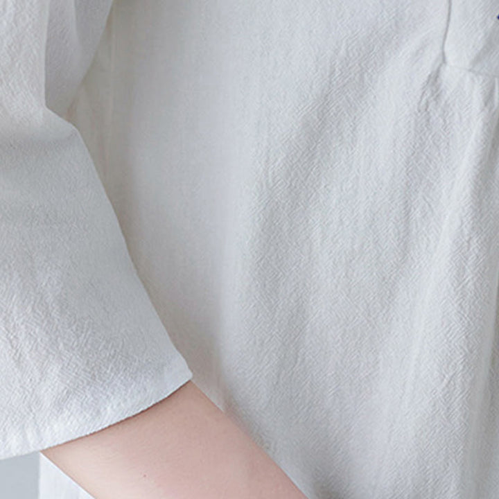 Buddha Stones Lässiges Maxikleid aus Baumwolle und Leinen mit Stickerei im Bohemia-Stil, Blumenmuster, schlichtes Design, Dreiviertelärmel, V-Ausschnitt - image 9