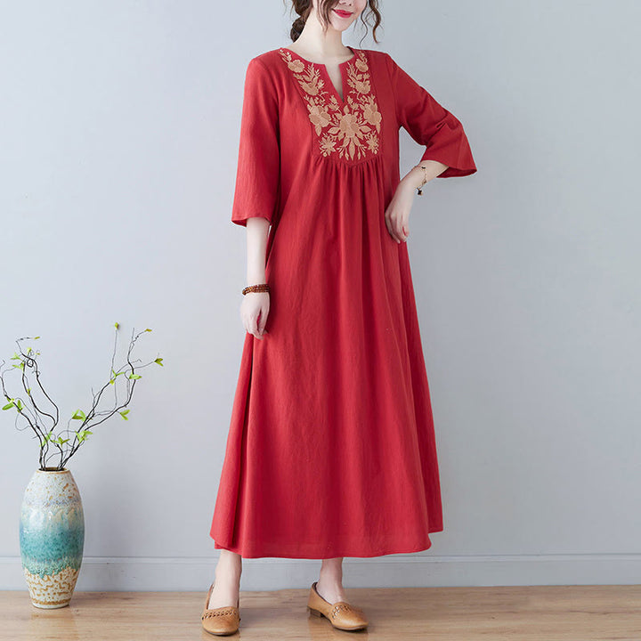 Buddha Stones Lässiges Maxikleid aus Baumwolle und Leinen mit Stickerei im Bohemia-Stil, Blumenmuster, schlichtes Design, Dreiviertelärmel, V-Ausschnitt - OrangeRot - US8-10， UK/AU12-14，EU40-42 (2XL) - image 12