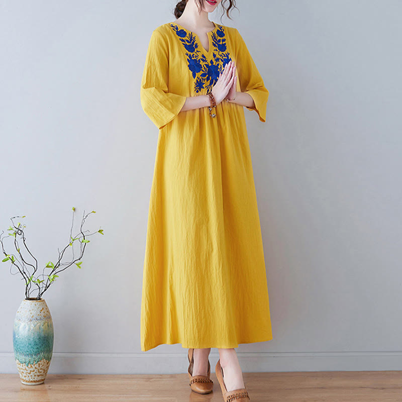 Buddha Stones Lässiges Maxikleid aus Baumwolle und Leinen mit Stickerei im Bohemia-Stil, Blumenmuster, schlichtes Design, Dreiviertelärmel, V-Ausschnitt - image 1