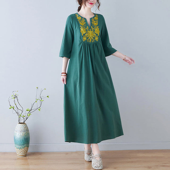 Buddha Stones Lässiges Maxikleid aus Baumwolle und Leinen mit Stickerei im Bohemia-Stil, Blumenmuster, schlichtes Design, Dreiviertelärmel, V-Ausschnitt - Grün - US8-10, UK/AU12-14, EU40-42 (2XL) - image 18