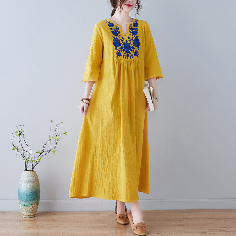 Buddha Stones Lässiges Maxikleid aus Baumwolle und Leinen mit Stickerei im Bohemia-Stil, Blumenmuster, schlichtes Design, Dreiviertelärmel, V-Ausschnitt - Gold - US8-10， UK/AU12-14，EU40-42 (2XL) - image 0