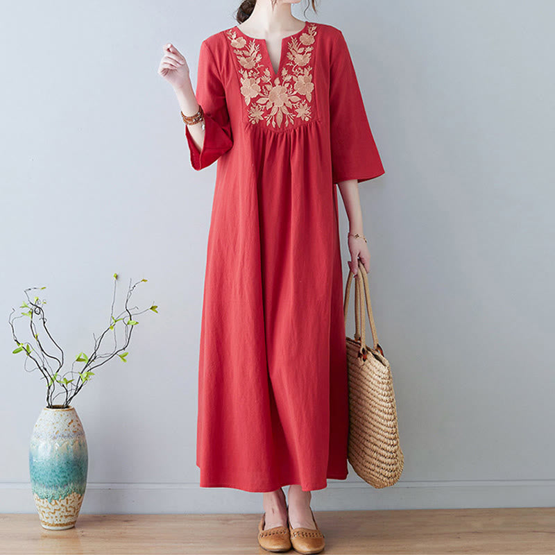 Buddha Stones Lässiges Maxikleid aus Baumwolle und Leinen mit Stickerei im Bohemia-Stil, Blumenmuster, schlichtes Design, Dreiviertelärmel, V-Ausschnitt - image 14
