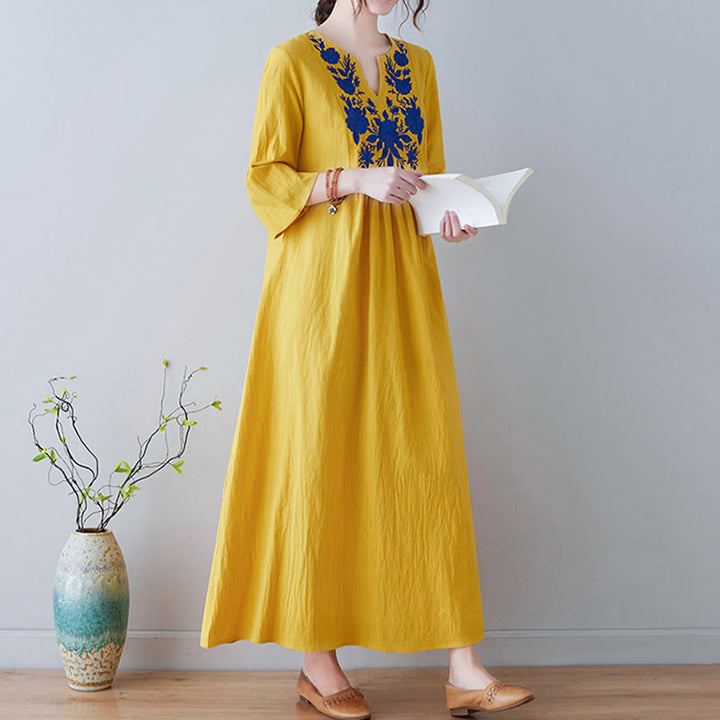 Buddha Stones Lässiges Maxikleid aus Baumwolle und Leinen mit Stickerei im Bohemia-Stil, Blumenmuster, schlichtes Design, Dreiviertelärmel, V-Ausschnitt - image 2