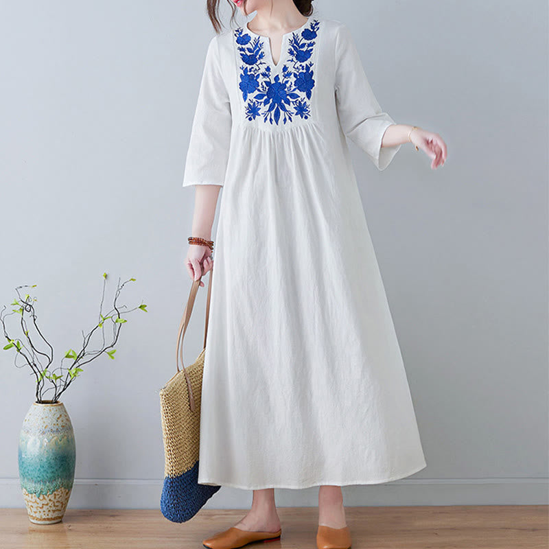 Buddha Stones Lässiges Maxikleid aus Baumwolle und Leinen mit Stickerei im Bohemia-Stil, Blumenmuster, schlichtes Design, Dreiviertelärmel, V-Ausschnitt - image 6