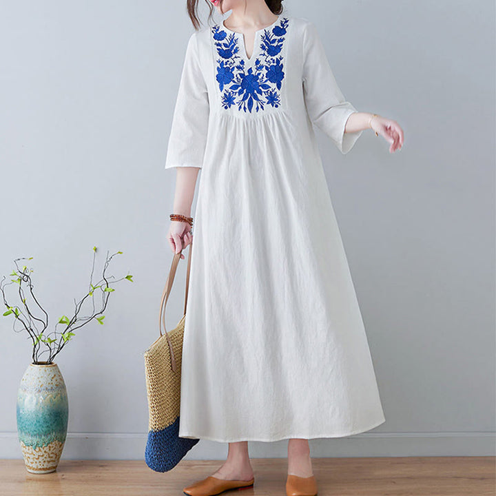 Buddha Stones Lässiges Maxikleid aus Baumwolle und Leinen mit Stickerei im Bohemia-Stil, Blumenmuster, schlichtes Design, Dreiviertelärmel, V-Ausschnitt - image 6