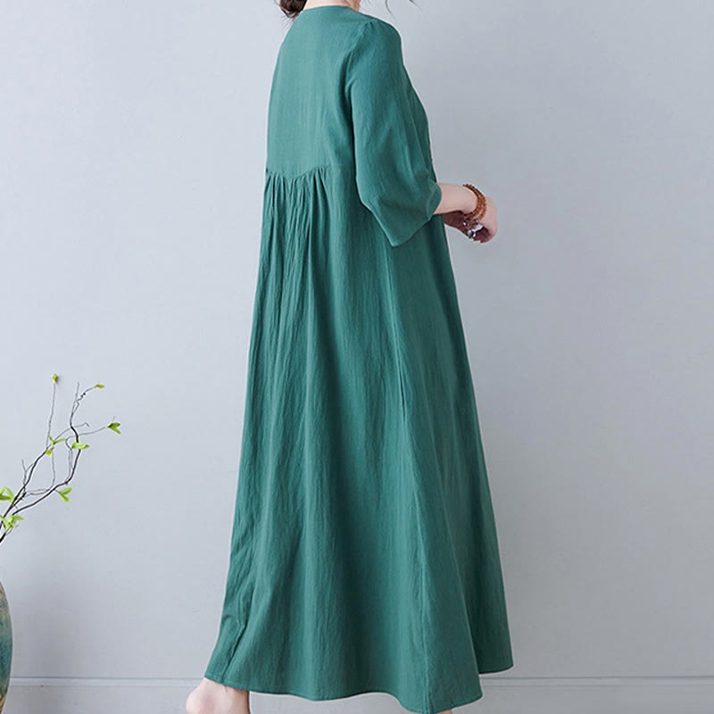 Buddha Stones Lässiges Maxikleid aus Baumwolle und Leinen mit Stickerei im Bohemia-Stil, Blumenmuster, schlichtes Design, Dreiviertelärmel, V-Ausschnitt - image 22