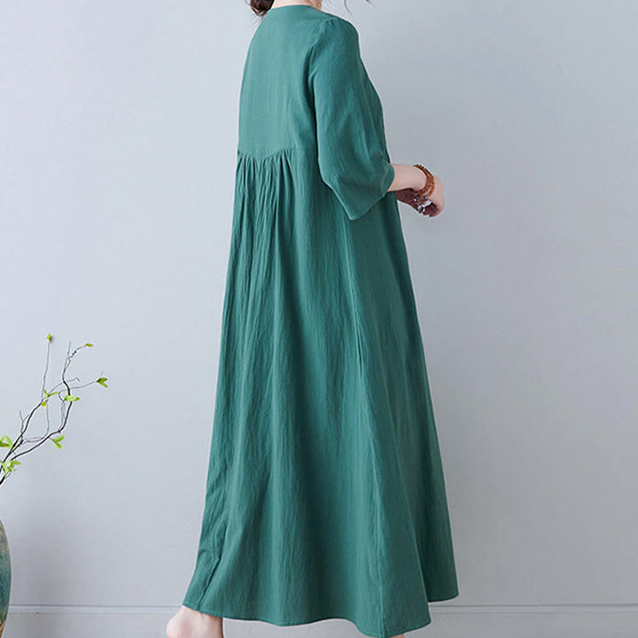 Buddha Stones Lässiges Maxikleid aus Baumwolle und Leinen mit Stickerei im Bohemia-Stil, Blumenmuster, schlichtes Design, Dreiviertelärmel, V-Ausschnitt - image 22