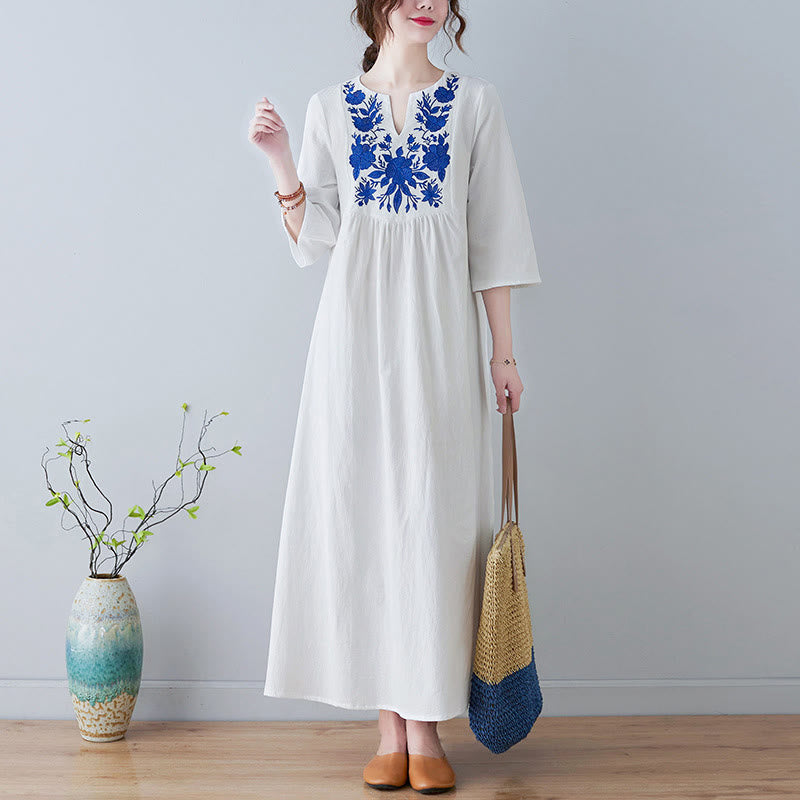 Buddha Stones Lässiges Maxikleid aus Baumwolle und Leinen mit Stickerei im Bohemia-Stil, Blumenmuster, schlichtes Design, Dreiviertelärmel, V-Ausschnitt - FloralWeiß - US8-10, UK/AU12-14, EU40-42 (2XL) - image 5