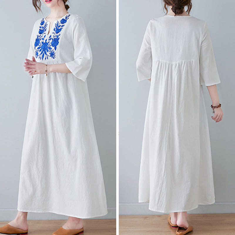 Buddha Stones Lässiges Maxikleid aus Baumwolle und Leinen mit Stickerei im Bohemia-Stil, Blumenmuster, schlichtes Design, Dreiviertelärmel, V-Ausschnitt - image 11
