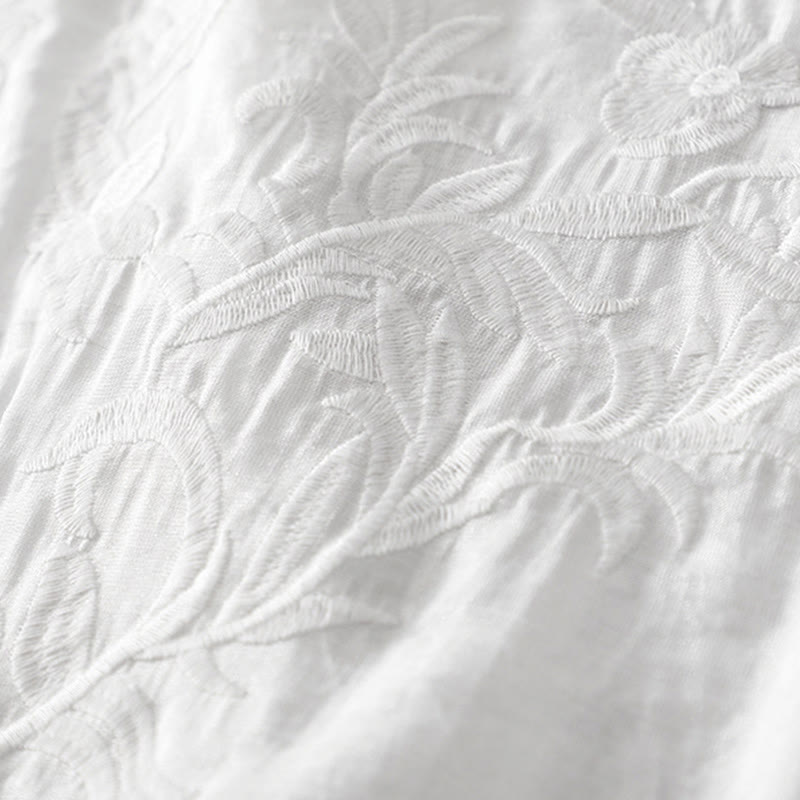 Buddha Stones Sommer-Midikleid in Weiß mit reiner Farbe, Stickerei, Blattblume, V-Ausschnitt, kurzärmelig, mit Taschen - image 4