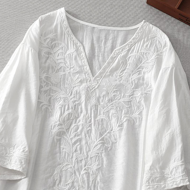 Buddha Stones Sommer-Midikleid in Weiß mit reiner Farbe, Stickerei, Blattblume, V-Ausschnitt, kurzärmelig, mit Taschen - image 3