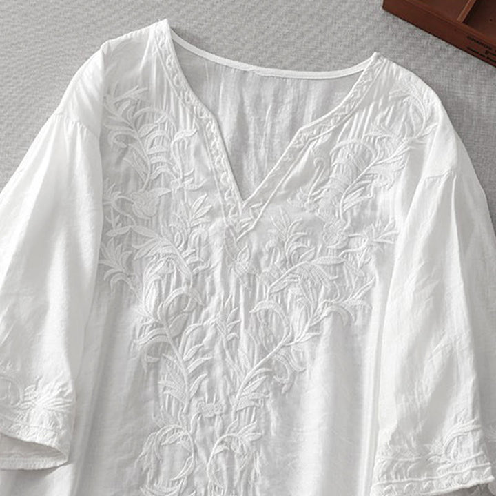 Buddha Stones Sommer-Midikleid in Weiß mit reiner Farbe, Stickerei, Blattblume, V-Ausschnitt, kurzärmelig, mit Taschen - image 3