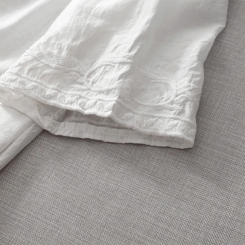 Buddha Stones Sommer-Midikleid in Weiß mit reiner Farbe, Stickerei, Blattblume, V-Ausschnitt, kurzärmelig, mit Taschen - image 10