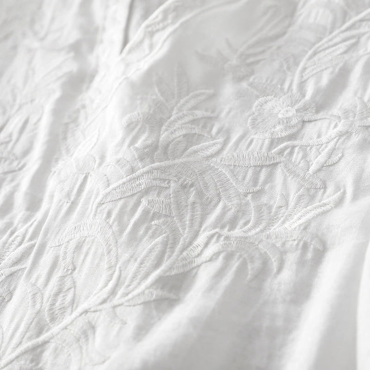 Buddha Stones Sommer-Midikleid in Weiß mit reiner Farbe, Stickerei, Blattblume, V-Ausschnitt, kurzärmelig, mit Taschen - image 5