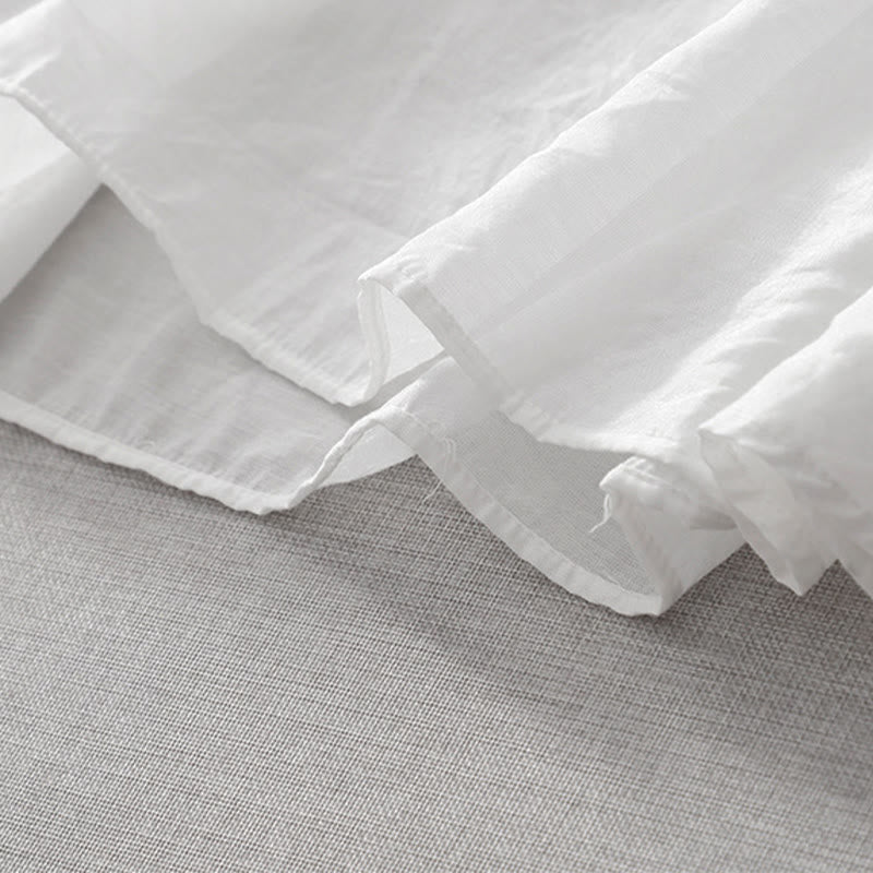 Buddha Stones Sommer-Midikleid in Weiß mit reiner Farbe, Stickerei, Blattblume, V-Ausschnitt, kurzärmelig, mit Taschen - image 9