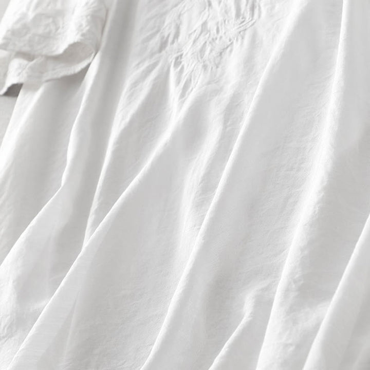 Buddha Stones Sommer-Midikleid in Weiß mit reiner Farbe, Stickerei, Blattblume, V-Ausschnitt, kurzärmelig, mit Taschen - image 6