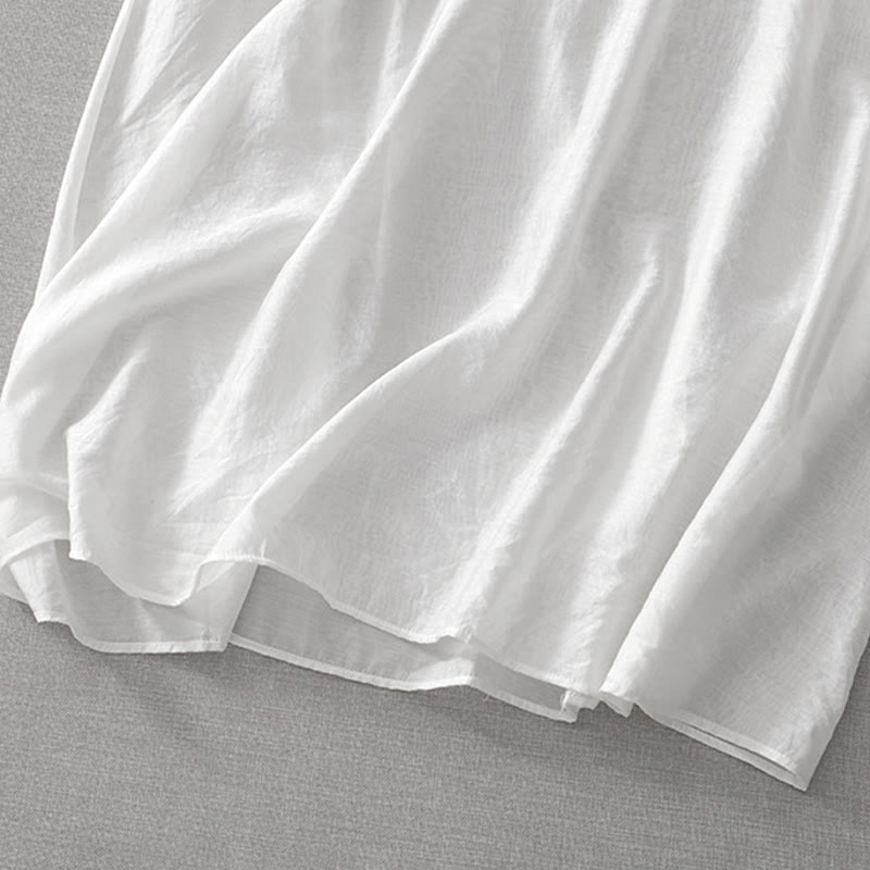 Buddha Stones Sommer-Midikleid in Weiß mit reiner Farbe, Stickerei, Blattblume, V-Ausschnitt, kurzärmelig, mit Taschen - image 11