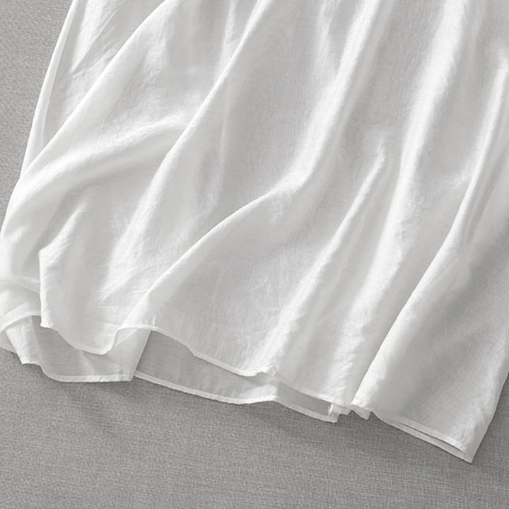 Buddha Stones Sommer-Midikleid in Weiß mit reiner Farbe, Stickerei, Blattblume, V-Ausschnitt, kurzärmelig, mit Taschen - image 11