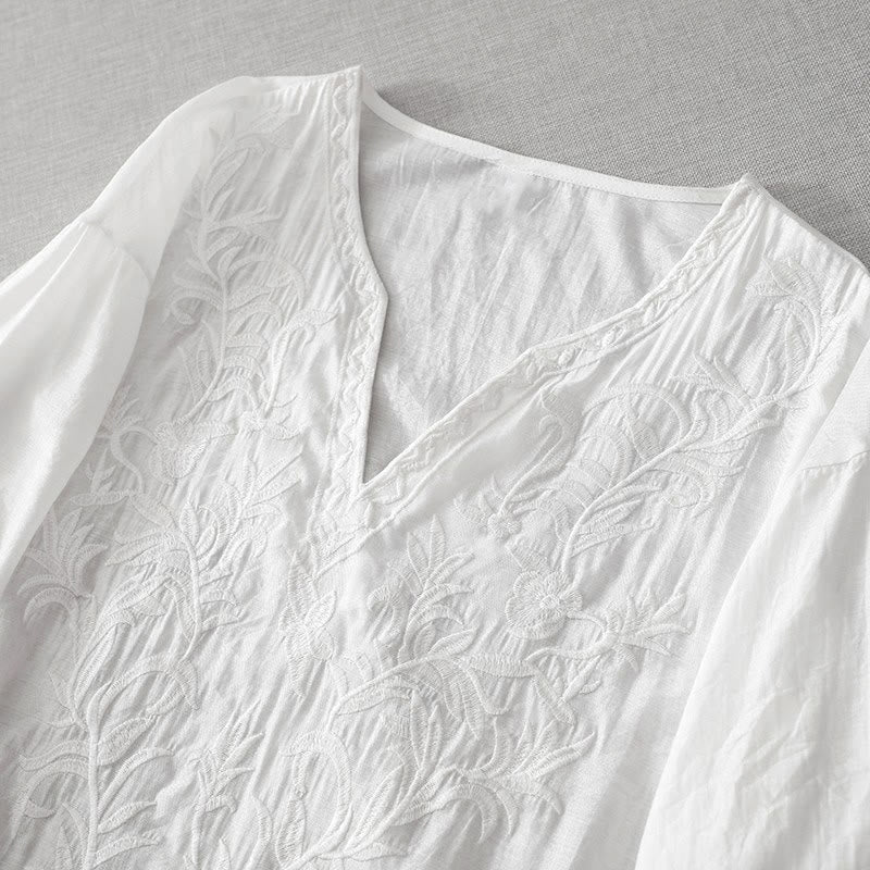 Buddha Stones Sommer-Midikleid in Weiß mit reiner Farbe, Stickerei, Blattblume, V-Ausschnitt, kurzärmelig, mit Taschen - image 2