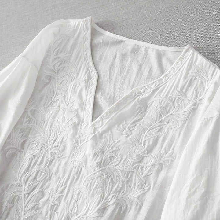 Buddha Stones Sommer-Midikleid in Weiß mit reiner Farbe, Stickerei, Blattblume, V-Ausschnitt, kurzärmelig, mit Taschen - image 2