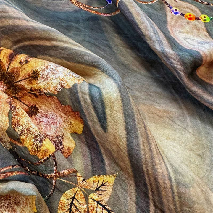 Buddha Stones Lässiges, lockeres, bedrucktes Blumen-/Blatt-T-Shirt für Damen mit Rundhalsausschnitt und halblangen Ärmeln aus Polyester