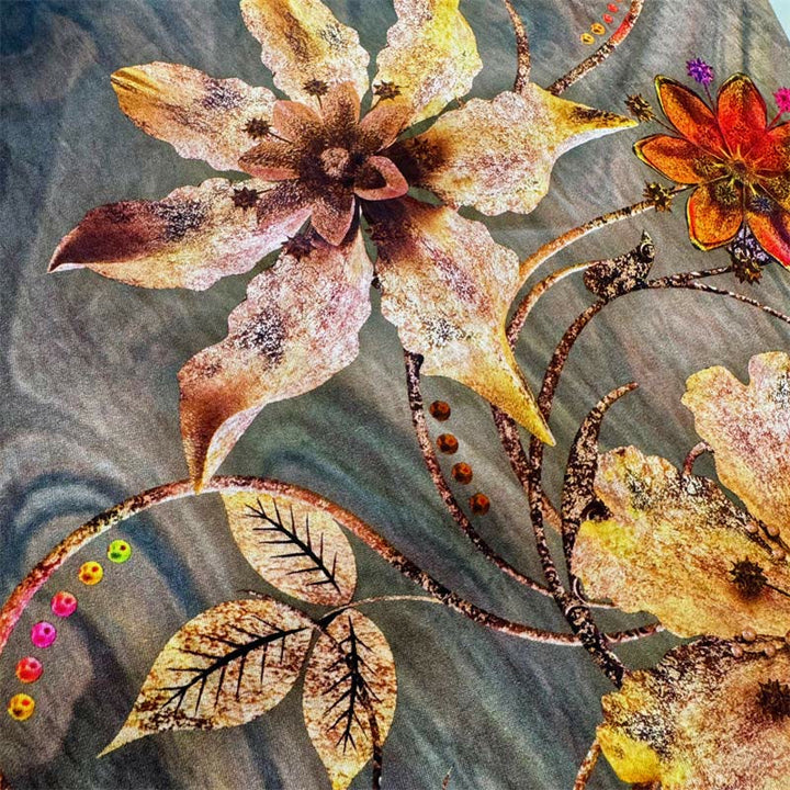 Buddha Stones Lässiges, lockeres, bedrucktes Blumen-/Blatt-T-Shirt für Damen mit Rundhalsausschnitt und halblangen Ärmeln aus Polyester