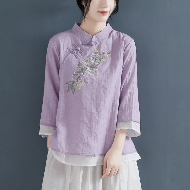 Damenhemd aus Baumwolle und Leinen mit Buddha Stones und Blumenstickerei, Dreiviertelärmeln, Froschknopf und Mandarinkragen - Violett - US12， UK/AU16，EU44 (3XL) - image 7