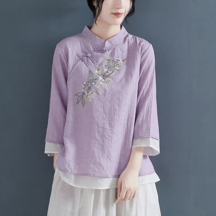 Damenhemd aus Baumwolle und Leinen mit Buddha Stones und Blumenstickerei, Dreiviertelärmeln, Froschknopf und Mandarinkragen - Violett - US12， UK/AU16，EU44 (3XL) - image 7