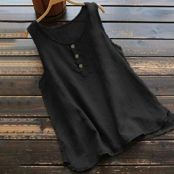 Buddha Stones Sommer Reine Farbe Rundhalsausschnitt Knopf Damen Weste Weste - Schwarz - US16， UK/AU20，EU48 (5XL) - image 0