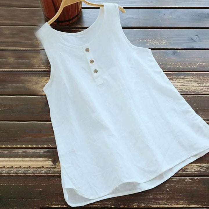 Buddha Stones Sommer Reine Farbe Rundhalsausschnitt Knopf Damen Weste Weste - Weiß - US16， UK/AU20，EU48 (5XL) - image 1