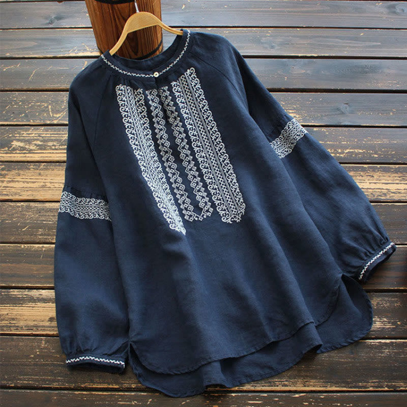 Damen-Shirt mit Buddha Stones , ethnischer Stickerei, böhmischem Muster, langärmelig, Rundhalsausschnitt - Marine - US16， UK/AU20，EU48 (5XL) - image 8