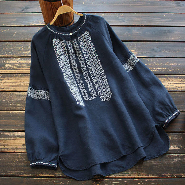 Damen-Shirt mit Buddha Stones , ethnischer Stickerei, böhmischem Muster, langärmelig, Rundhalsausschnitt - Marine - US16， UK/AU20，EU48 (5XL) - image 8