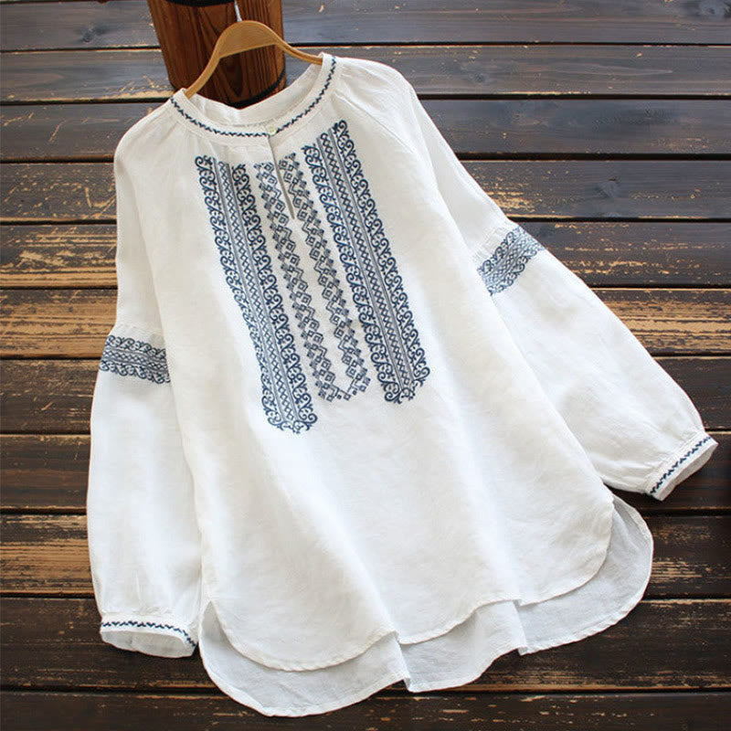 Damen-Shirt mit Buddha Stones , ethnischer Stickerei, böhmischem Muster, langärmelig, Rundhalsausschnitt - Weiß - US16， UK/AU20，EU48 (5XL) - image 1