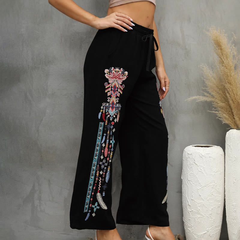 Buddha Stones Schwarze, lässige Damenhose mit ethnischer Stickerei, Kordelzug und Taschen aus Baumwoll-Leinen-Mischgewebe - image 3