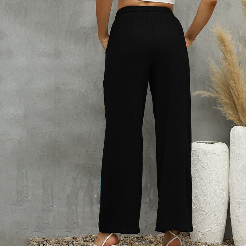 Buddha Stones Schwarze, lässige Damenhose mit ethnischer Stickerei, Kordelzug und Taschen aus Baumwoll-Leinen-Mischgewebe - image 2